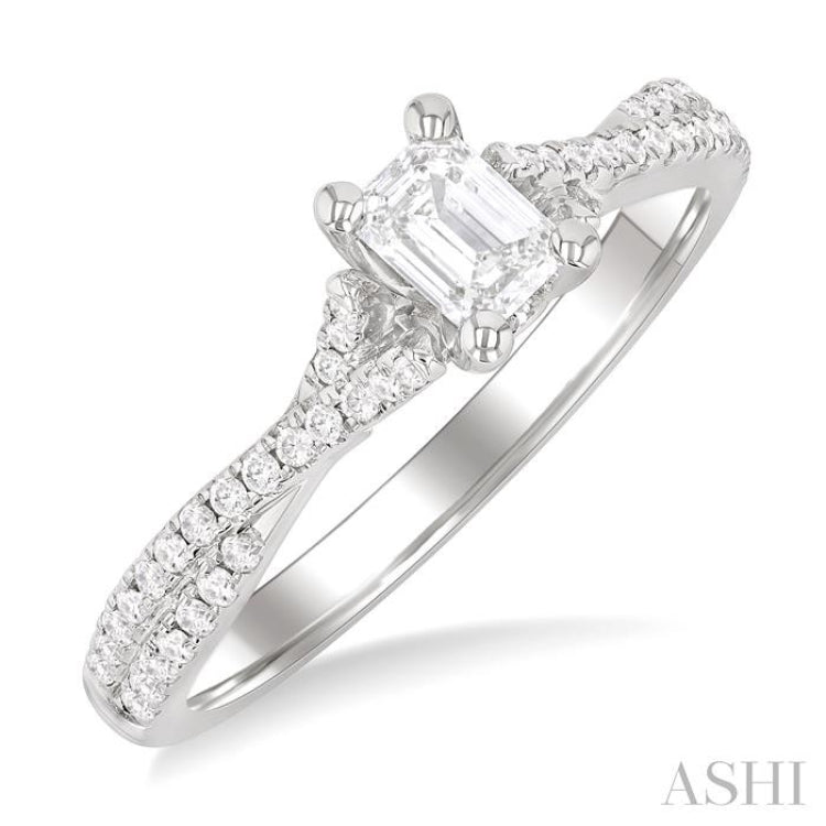 1/2 ctw Criss Cross Shank Round Cut Diamond Engagement Ring With 1/3 ct Emerald Cut Diamond Center Stone in 14K White Gold