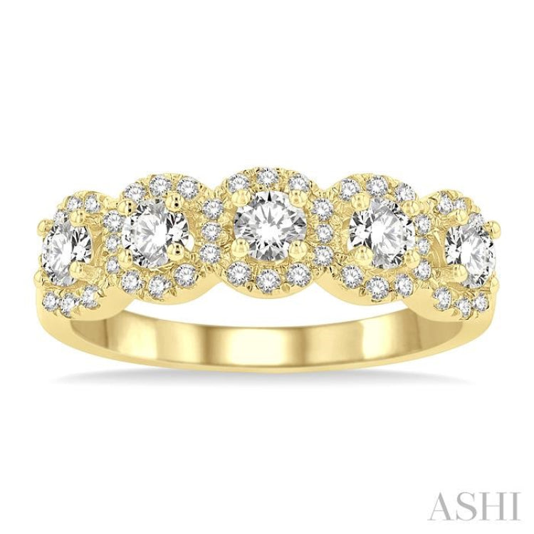 1 ctw Circular Shape 5 Stone Round Cut Diamond Halo Wedding Band in 14K Yellow Gold
