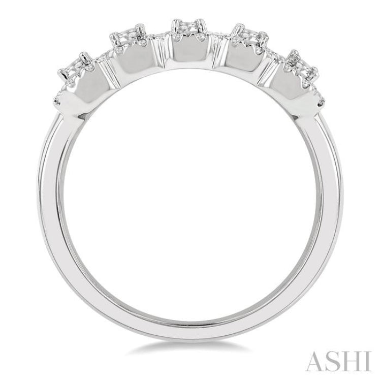 1 ctw Emerald Shape 5 Stone Emerald & Round Cut Diamond Halo Wedding Band in 14K White Gold