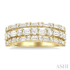 1 1/2 ctw Triple Row Emerald, Baguette and Round Cut Diamond Fashion Band in 14K Yellow Gold