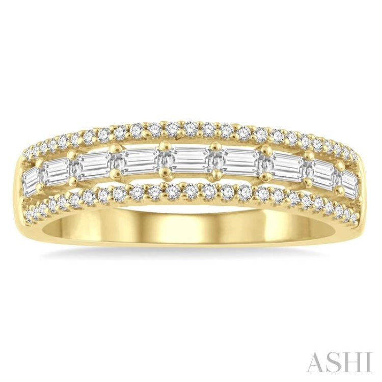 1/2 ctw Triple Row Baguette and Round Cut Diamond Fashion Band in 14K Yellow Gold