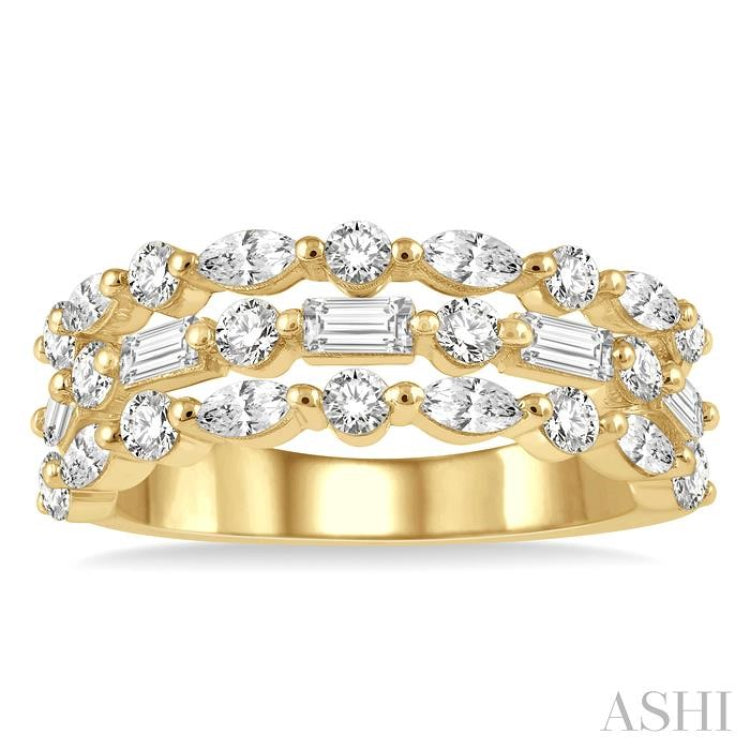 1 1/2 ctw Triple Row Baguette, Marquise and Round Cut Diamond Fashion Band in 14K Yellow Gold