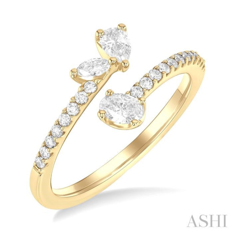 1/2 ctw 3-Stone Mixed Diamond Cut Fashion Open Ring in 14K Yellow Gold