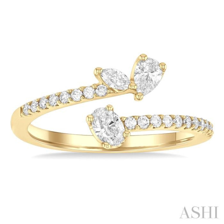 1/2 ctw 3-Stone Mixed Diamond Cut Fashion Open Ring in 14K Yellow Gold