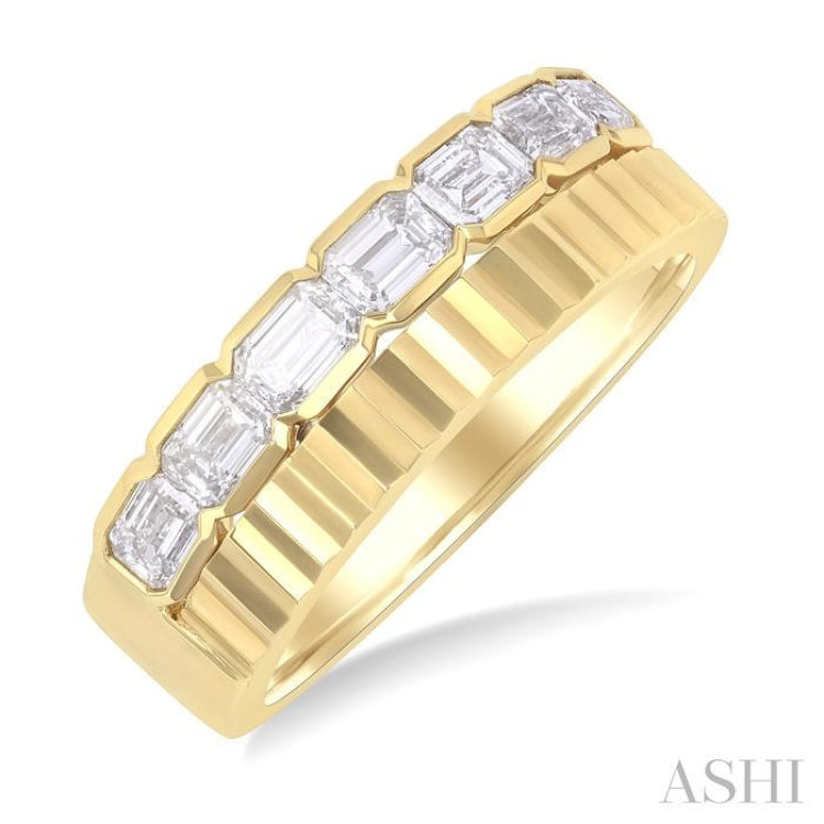 1 ctw Pyramid Accents and Bezel Set Emerald Cut Diamond Bold Gold Fashion Wide Band in 14K Yellow Gold