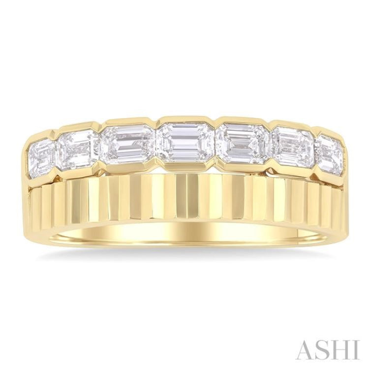 1 ctw Pyramid Accents and Bezel Set Emerald Cut Diamond Bold Gold Fashion Wide Band in 14K Yellow Gold