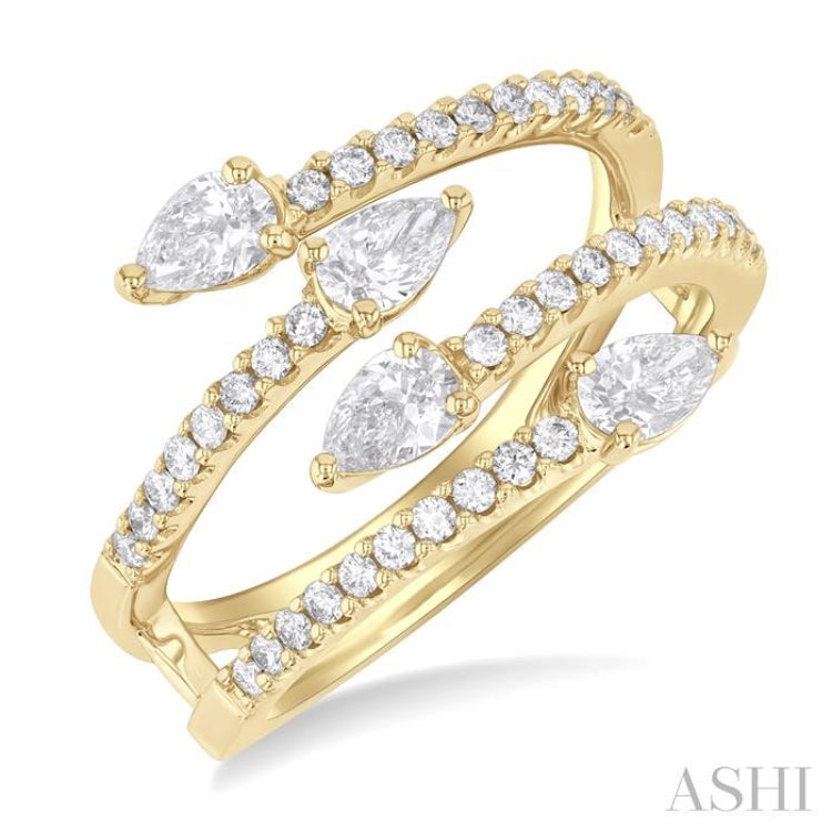 7/8 ctw Split Double Bypass Pear and Round Cut Diamond Open Fashion Ring in 14K Yellow Gold