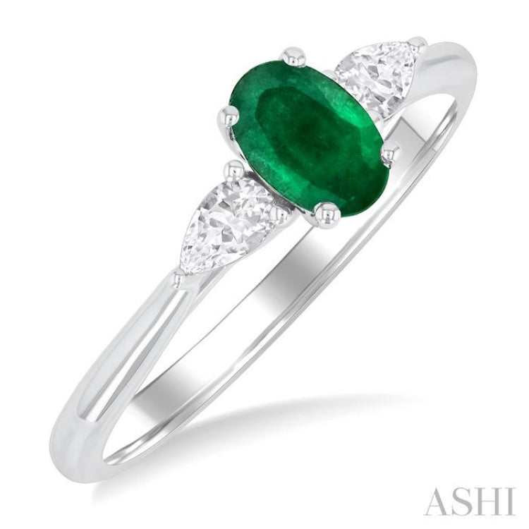 6X4 MM Oval Cut Emerald and 1/4 ctw Pear Cut Diamond Precious Ring in 14K White Gold