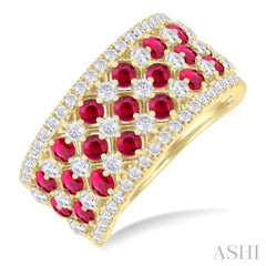 2.4 MM Fretwork Ruby and 1 1/3 ctw Round Cut Diamond Precious Band in 14K Yellow Gold