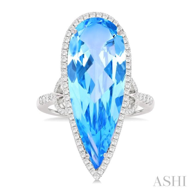 26X10 MM Pear Cut Blue Topaz and 1/2 ctw Round Cut Diamond Halo Semi Precious Ring in 14K White Gold