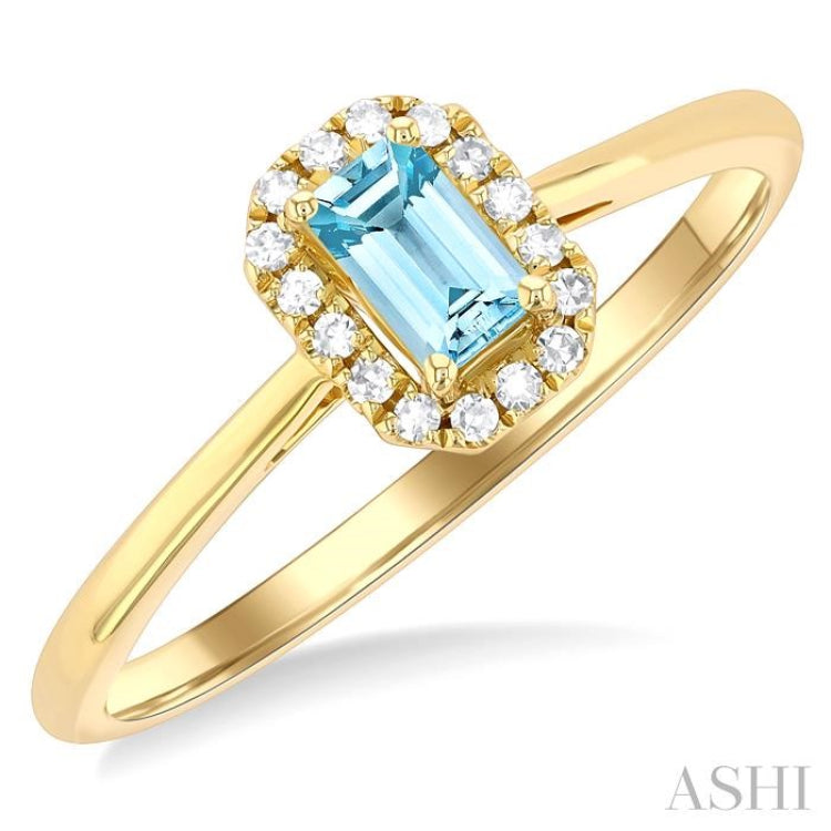 5x3 MM Octagonal Shape Aquamarine and 1/20 ctw Single Cut Diamond Halo Semi Precious Ring in 14K Yellow Gold