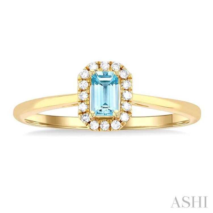 5x3 MM Octagonal Shape Aquamarine and 1/20 ctw Single Cut Diamond Halo Semi Precious Ring in 14K Yellow Gold