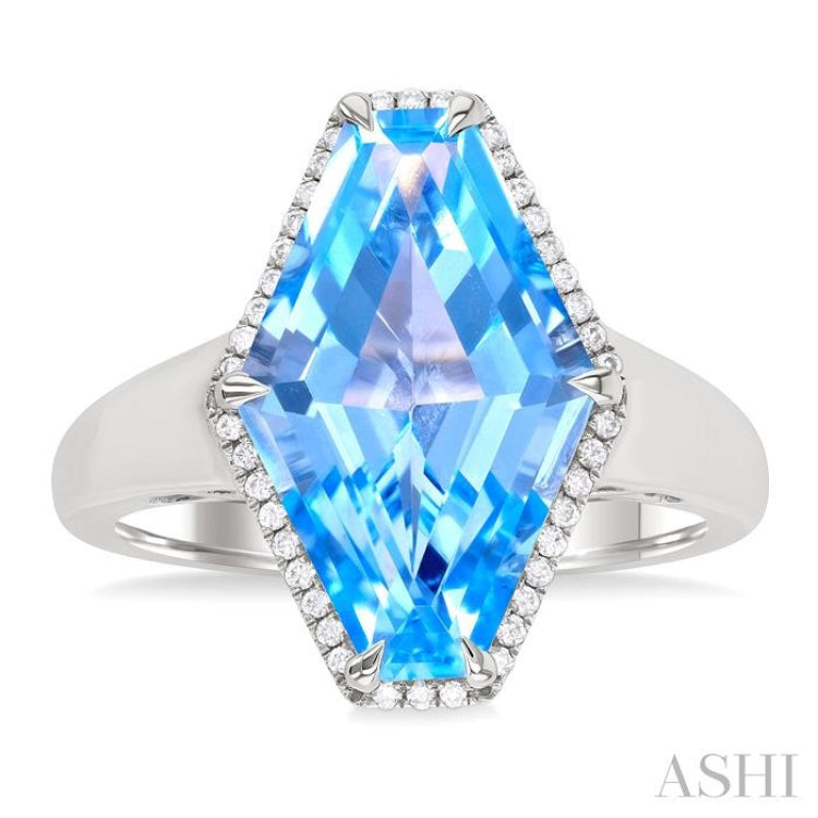 16x10 MM Hexagon Shape Blue Topaz and 1/10 ctw Round Cut Diamond Halo Semi Precious Ring in 14K White Gold