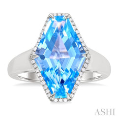 16x10 MM Hexagon Shape Blue Topaz and 1/10 ctw Round Cut Diamond Halo Semi Precious Ring in 14K White Gold