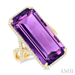 26x12 MM Emerald Cut Amethyst and 1/2 ctw Round Cut Diamond Halo Semi Precious Ring in 14K Yellow Gold