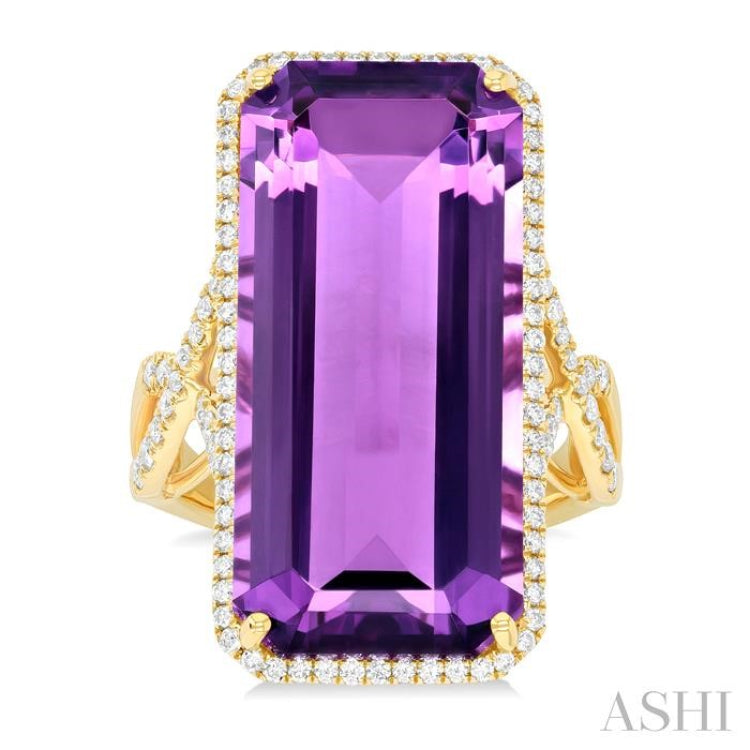26x12 MM Emerald Cut Amethyst and 1/2 ctw Round Cut Diamond Halo Semi Precious Ring in 14K Yellow Gold