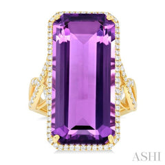 26x12 MM Emerald Cut Amethyst and 1/2 ctw Round Cut Diamond Halo Semi Precious Ring in 14K Yellow Gold
