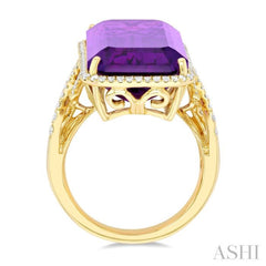 26x12 MM Emerald Cut Amethyst and 1/2 ctw Round Cut Diamond Halo Semi Precious Ring in 14K Yellow Gold
