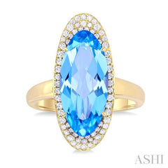 18x8 MM Oval Cut Blue Topaz and 1/3 ctw Round Cut Diamond Halo Semi Precious Ring in 14K Yellow Gold
