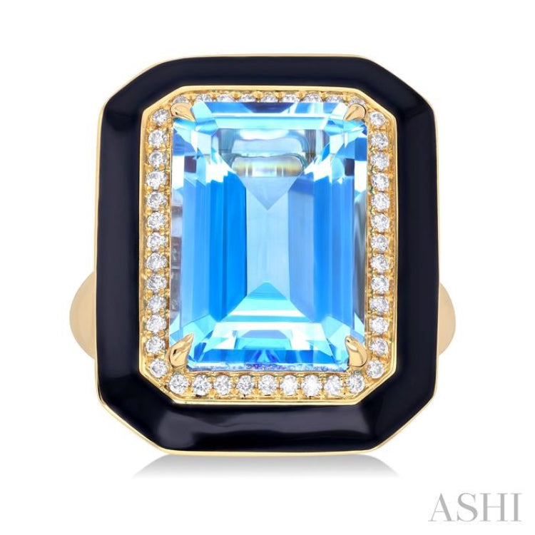 14x10 MM Emerald Cut Blue Topaz and 1/5 ctw Round Cut Diamond Halo & Black Enamel Border Semi Precious Ring in 14K Yellow Gold