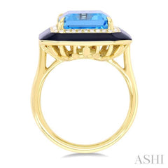 14x10 MM Emerald Cut Blue Topaz and 1/5 ctw Round Cut Diamond Halo & Black Enamel Border Semi Precious Ring in 14K Yellow Gold