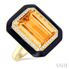 14x10 MM Emerald Cut Citrine and 1/5 ctw Round Cut Diamond Halo & Black Enamel Border Semi Precious Ring in 14K Yellow Gold