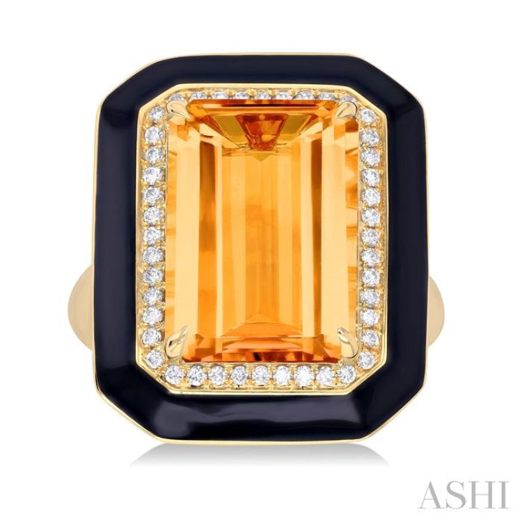 14x10 MM Emerald Cut Citrine and 1/5 ctw Round Cut Diamond Halo & Black Enamel Border Semi Precious Ring in 14K Yellow Gold