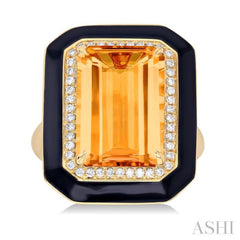 14x10 MM Emerald Cut Citrine and 1/5 ctw Round Cut Diamond Halo & Black Enamel Border Semi Precious Ring in 14K Yellow Gold