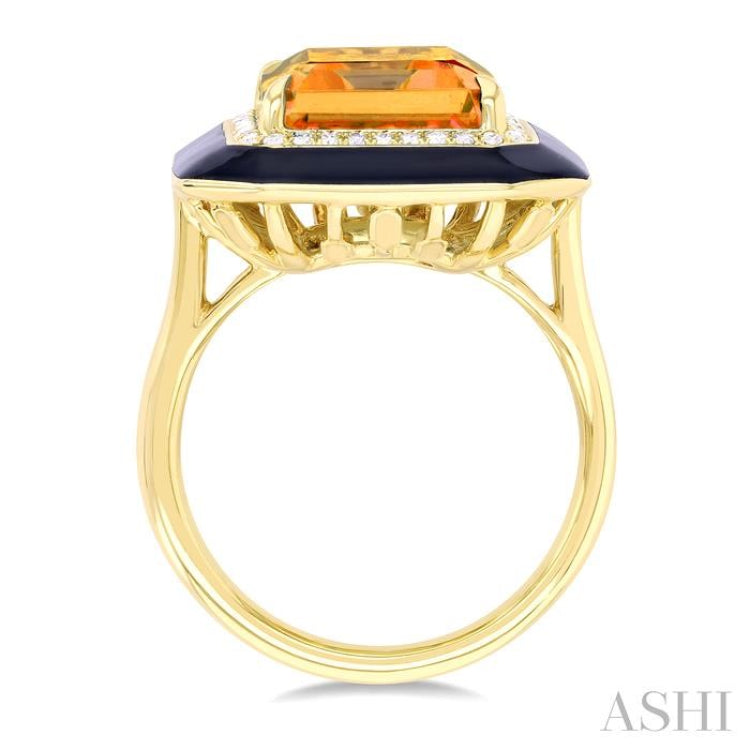 14x10 MM Emerald Cut Citrine and 1/5 ctw Round Cut Diamond Halo & Black Enamel Border Semi Precious Ring in 14K Yellow Gold