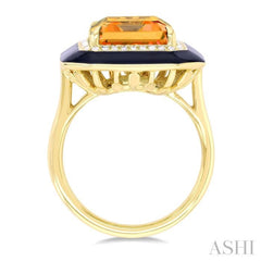 14x10 MM Emerald Cut Citrine and 1/5 ctw Round Cut Diamond Halo & Black Enamel Border Semi Precious Ring in 14K Yellow Gold