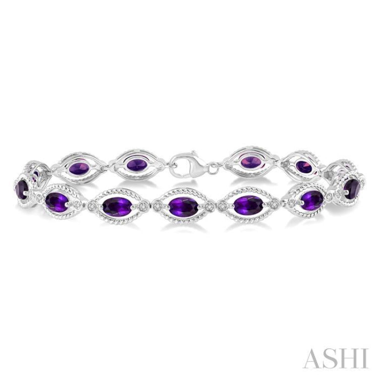 6x4 MM Oval Cut Amethyst and 1/10 ctw Round Cut Diamond Semi Precious Bracelet in Sterling Silver