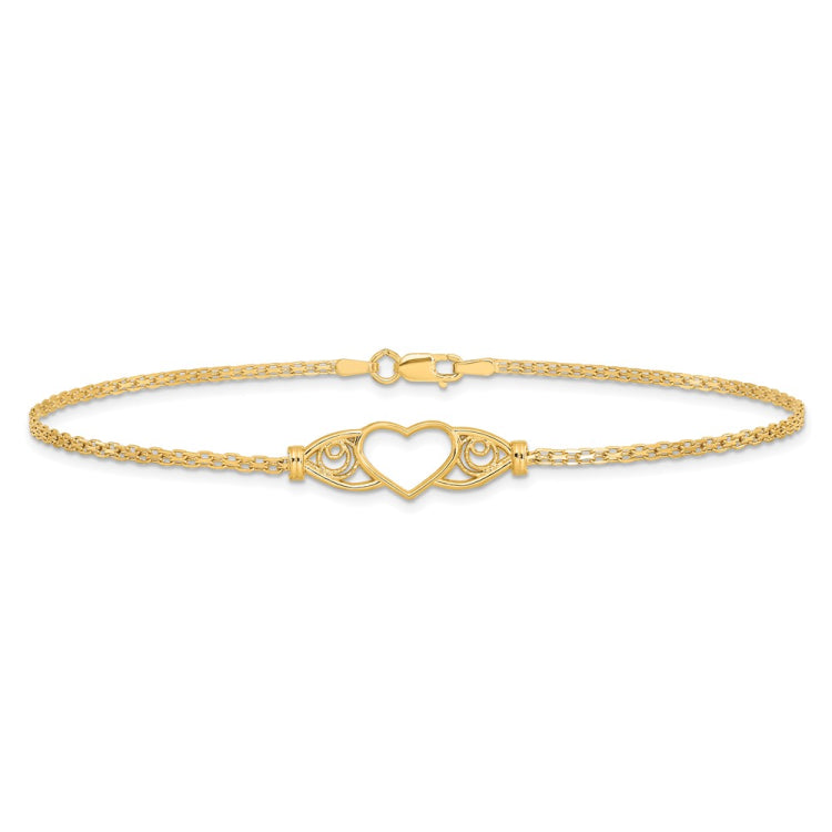 14k Polished Open Heart with Filigree and Bismark Chain 10 inch  Anklet