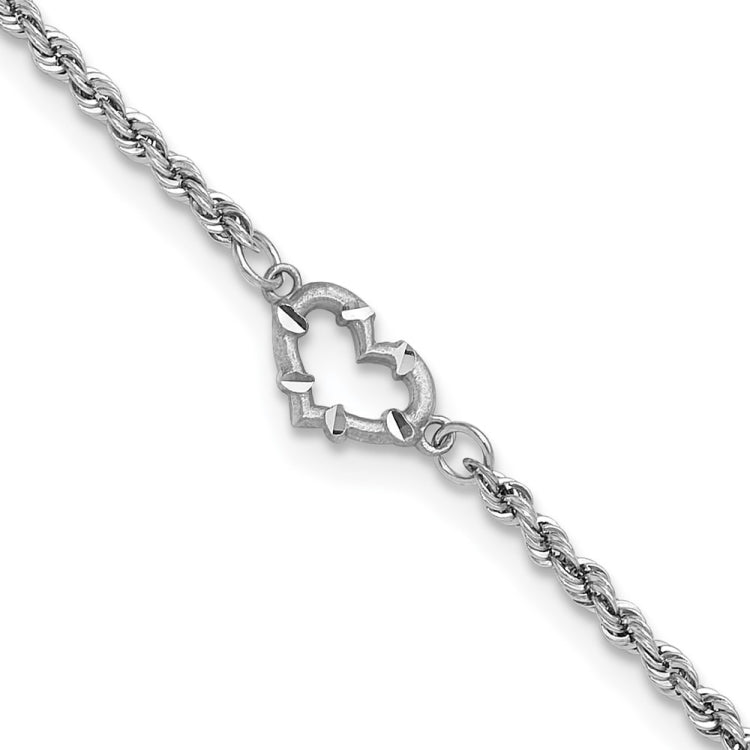 14k White Gold Diamond-cut Open Heart and Rope Chain 10 inch Anklet