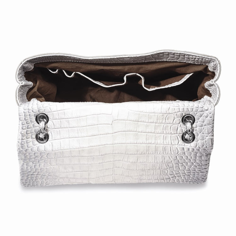 Top Grain Leather Croc Texture Silver-Grey Chain Strap Handbag with Zip Pocket, 2 Slip Pockets, and Key Fob