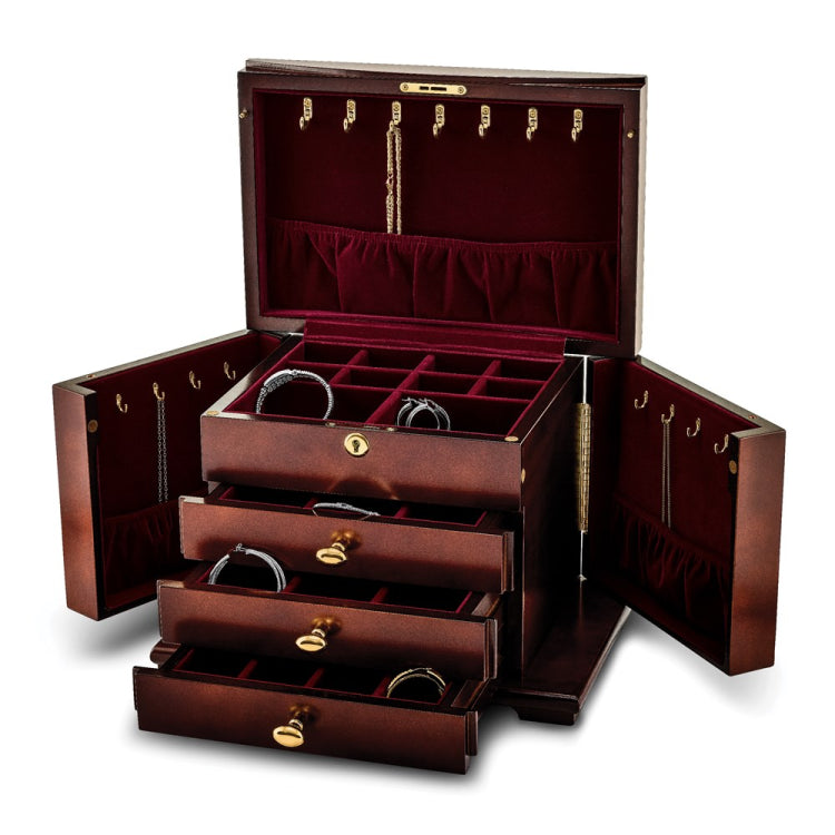 Luxury Giftware by Jere Matte Cherry Finish Poplar Veneer 3-drawer w/Swing-out Sides Locking Wooden Jewelry Chest