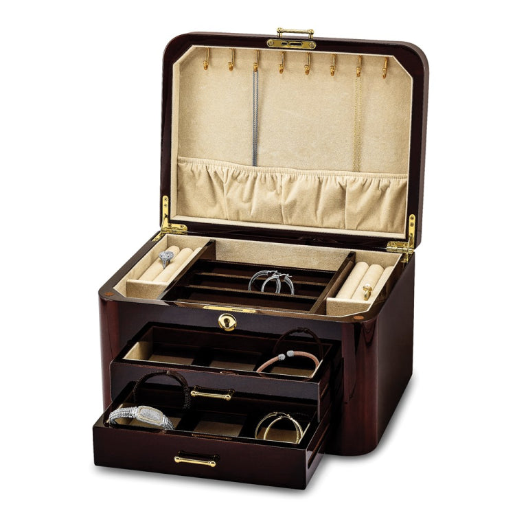 Luxury Giftware by Jere High Gloss Burgundy Bubinga Veneer w/Mapa Burl and Scrolled Inlay 2-drawer Locking Wooden Jewelry Box