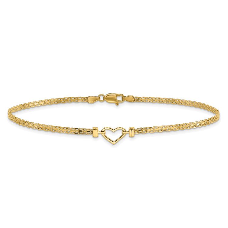 14k Polished Open Heart and Bismark Chain 10 inch Anklet