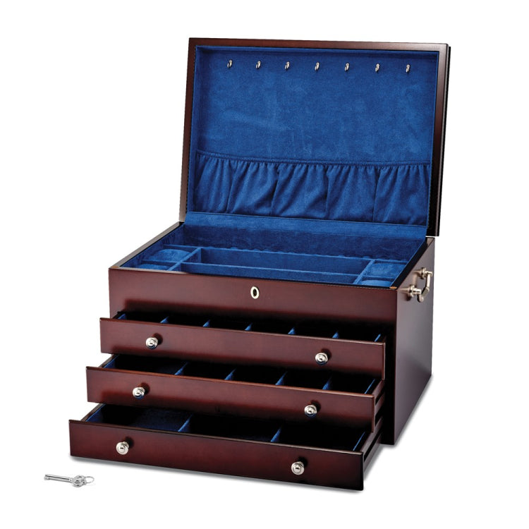 Luxury Giftware Matte Cherry Finish Poplar Veneer Large 3-drawer Locking Wooden Jewelry Chest