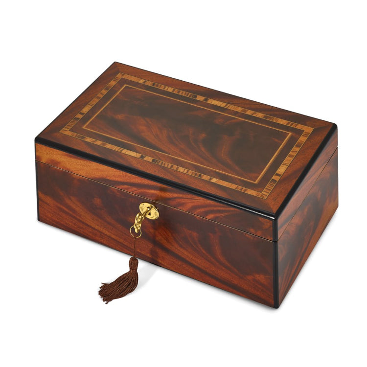 Luxury Giftware by Jere Matte Finish Tiger Wood Veneer with Inlay Design Locking Wooden Jewelry Box