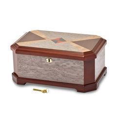 Luxury Giftware High Gloss Cat Eye Burl Veneer w/Blue and Red Sapele Inlay Locking Wooden Jewelry Box