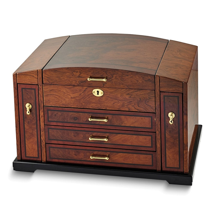 Luxury Giftware by Jere High Gloss Bubinga Veneer w/Elm Burl Inlay 3-drawer with Slide-out Sides Locking Wooden Jewelry Box