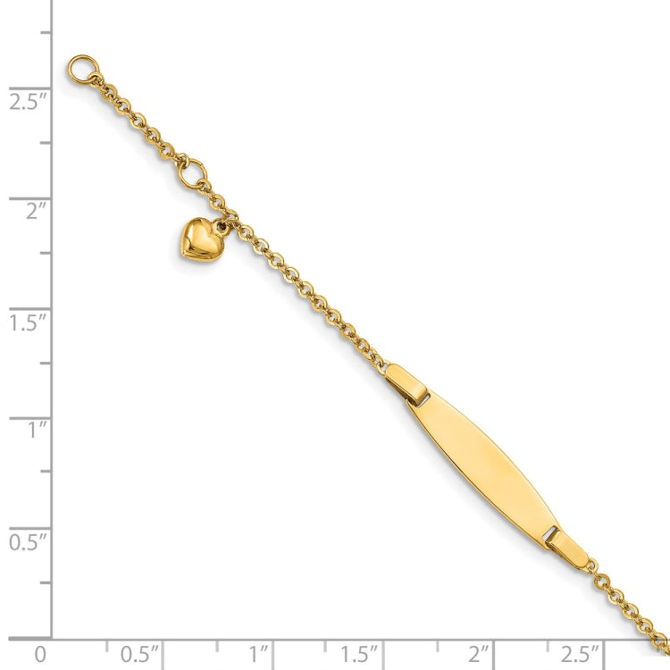 14k Polished Solid Chain/Solid Plate Heart Dangle 20x6mm Plate 4.5 inch Baby/Child ID Bracelet with 0.5 inch Extender