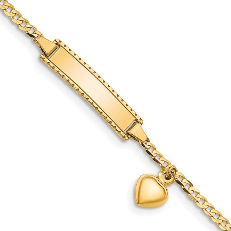 14k Polished Solid Chain/Solid Plate Heart Dangle Curb Link 21x5mm Plate 6 inch Baby/Child ID Bracelet