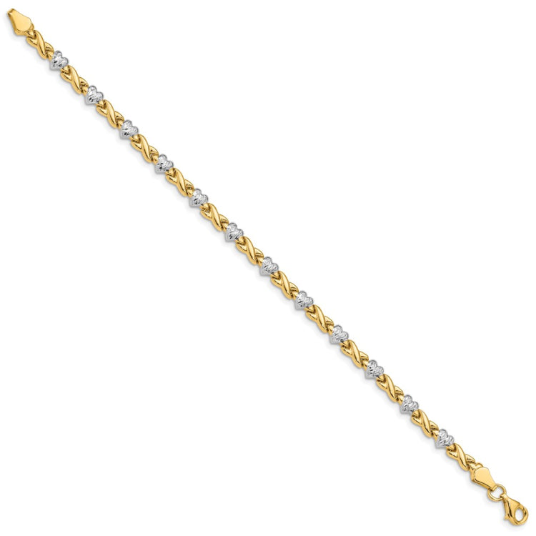 14k with White Rhodium Polished Diamond-cut X-and-Heart 7 inch Bracelet