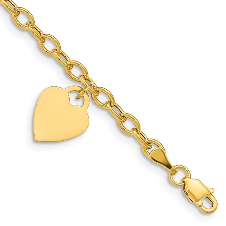 14K Engravable 14x10mm Solid Dangle Heart Charm and Hollow Chain 7.5 inch Bracelet