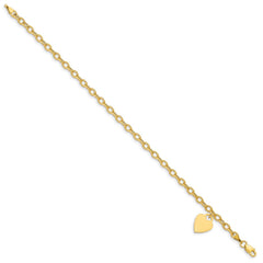 14K Engravable 14x10mm Solid Dangle Heart Charm and Hollow Chain 7.5 inch Bracelet