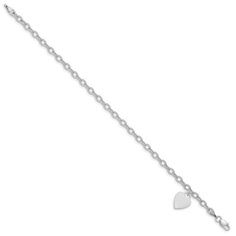 14k White Gold Engravable 14x10mm Solid Dangle Heart Charm and Hollow Chain 8.5 inch Bracelet
