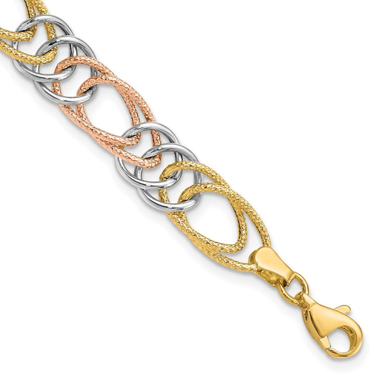 14k Tri-color Polished and Textured 8.5mm Fancy Double Link 7.25 inch Bracelet