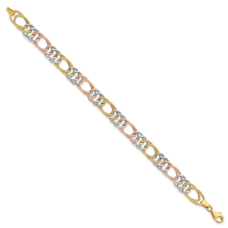 14k Tri-color Polished and Textured 8.5mm Fancy Double Link 7.25 inch Bracelet