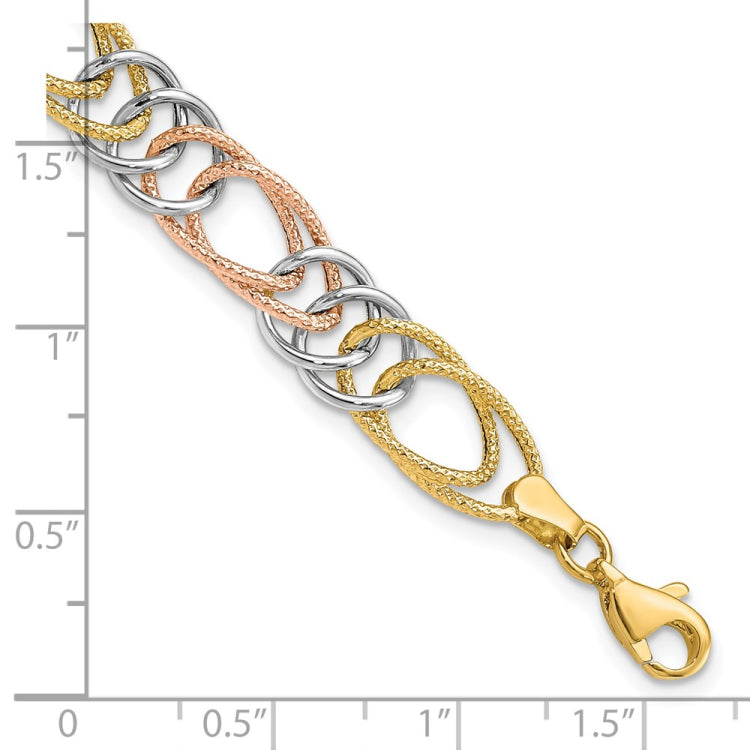 14k Tri-color Polished and Textured 8.5mm Fancy Double Link 7.25 inch Bracelet
